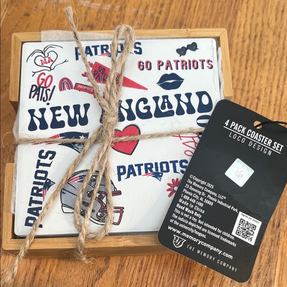 NIP! New England Patriots Stone Coaster Set with Wooden Holder